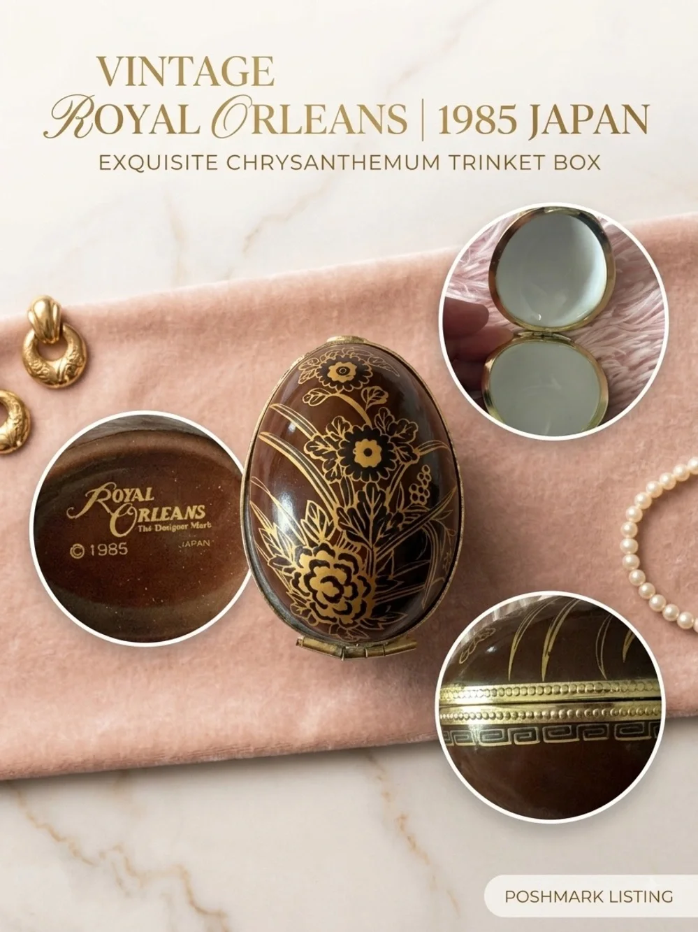 Vintage 1985 Royal Orleans Japan Gold Floral Egg Hinged Trinket Box